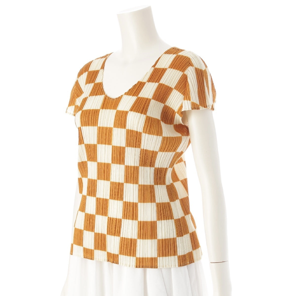 PLEATS PLEASE ISSEY  Checkered Checkered Short Sleeve tops Cut Brown white 3
