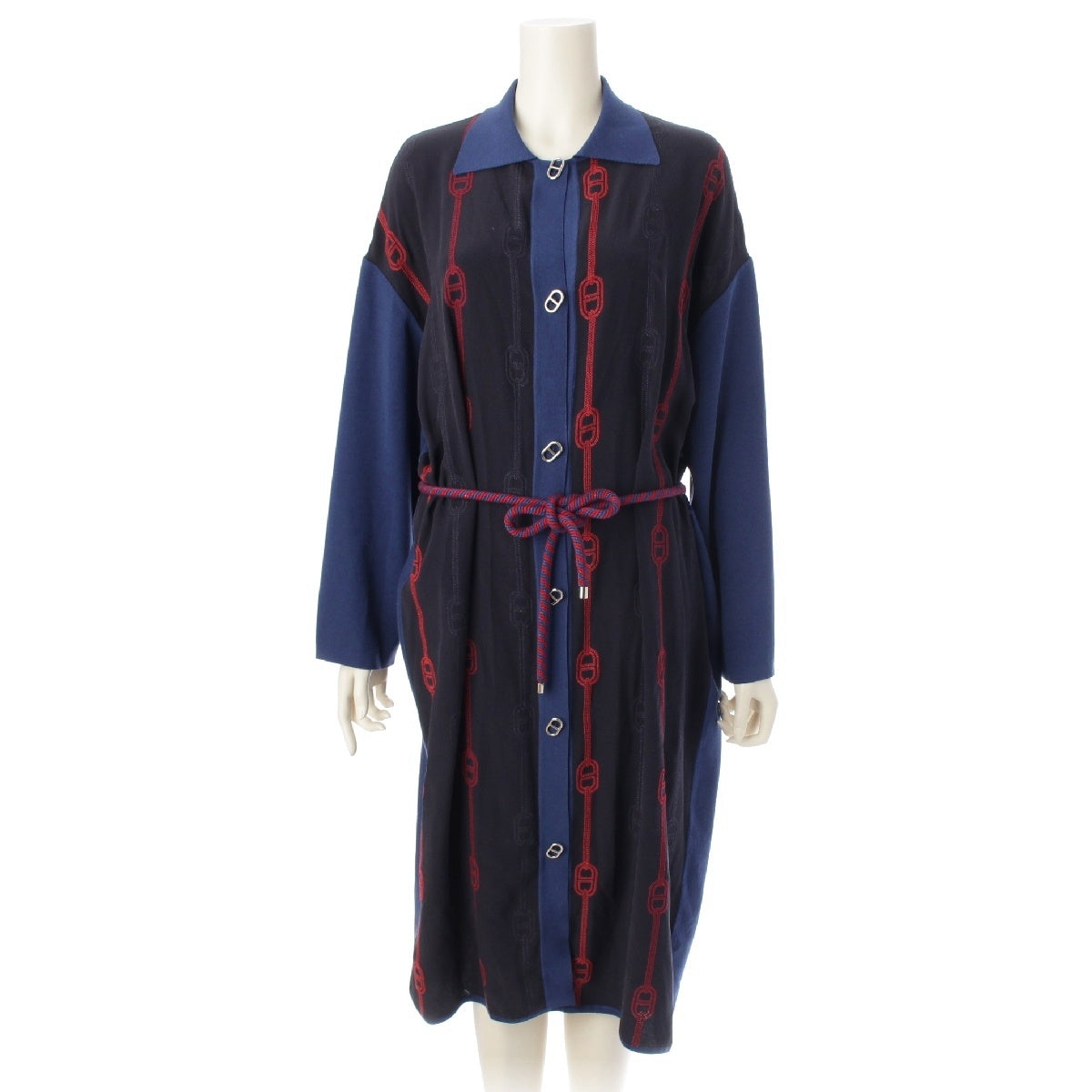 HERMES silk cotton Chaine d'Ancre Long cardigan one piece 3E2812DV Black blue 38