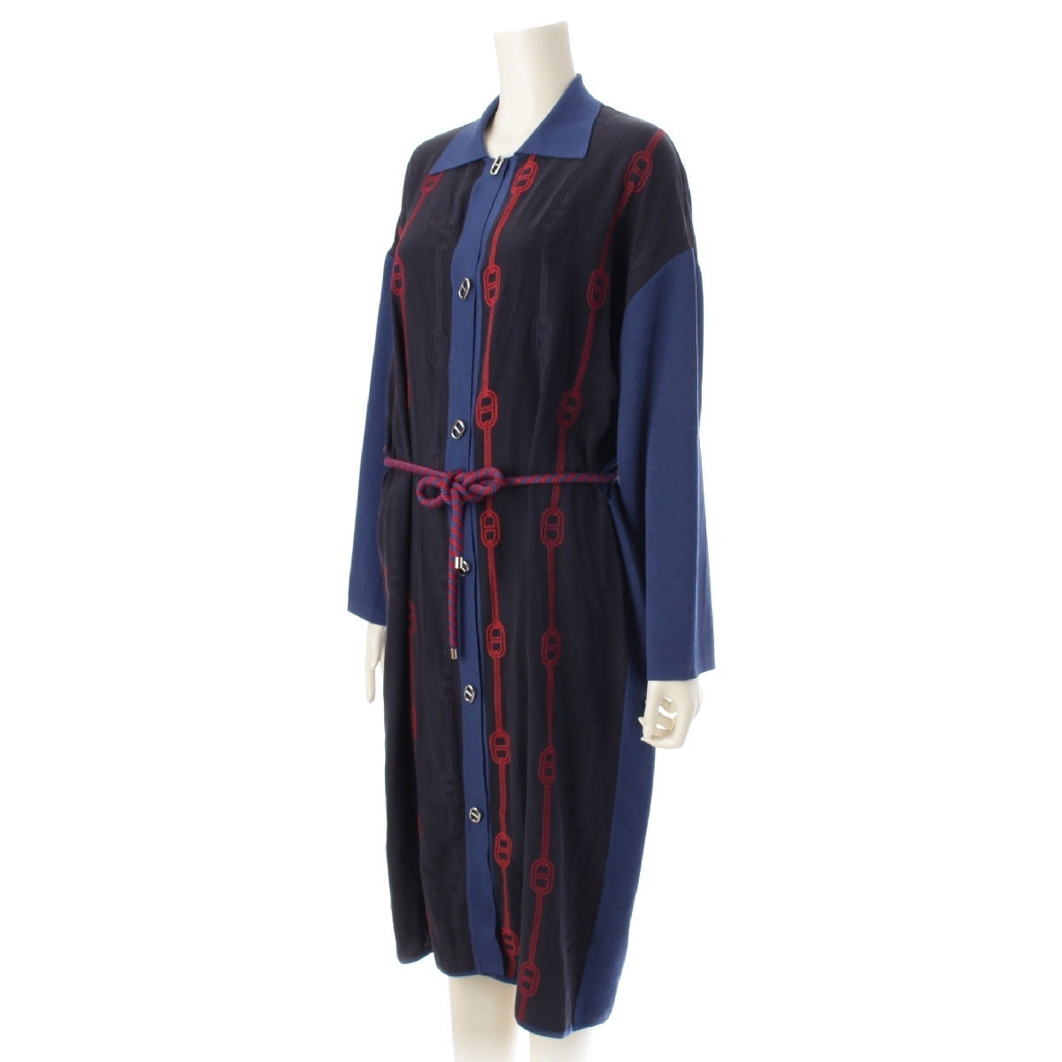 HERMES silk cotton Chaine d'Ancre Long cardigan one piece 3E2812DV Black blue 38