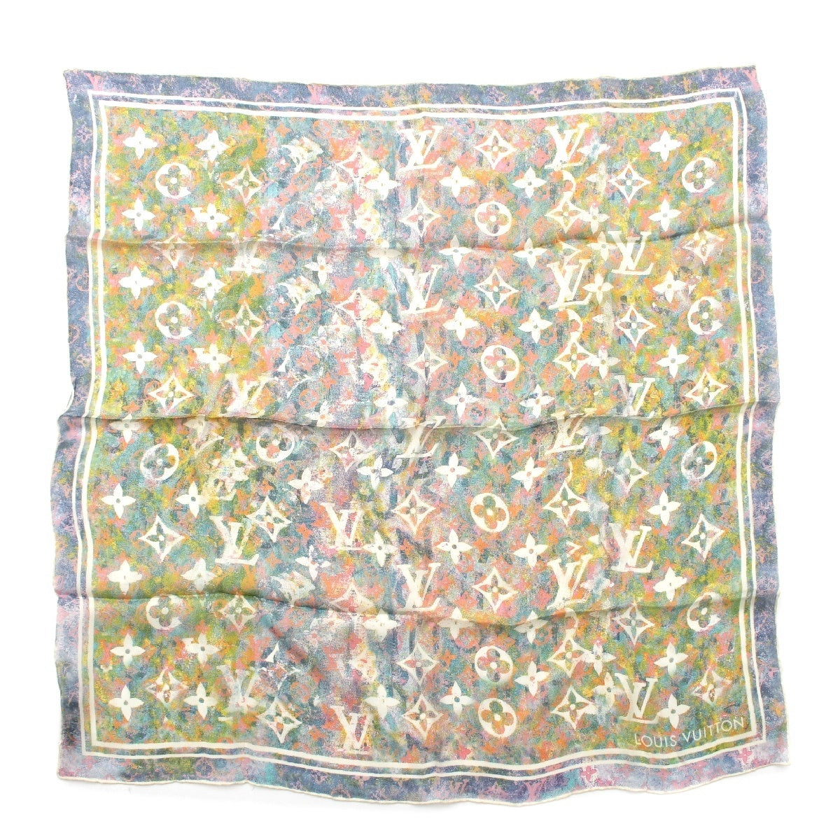 LOUIS VUITTON Monogram silk Chiffon LV logo scarf Green blue pink