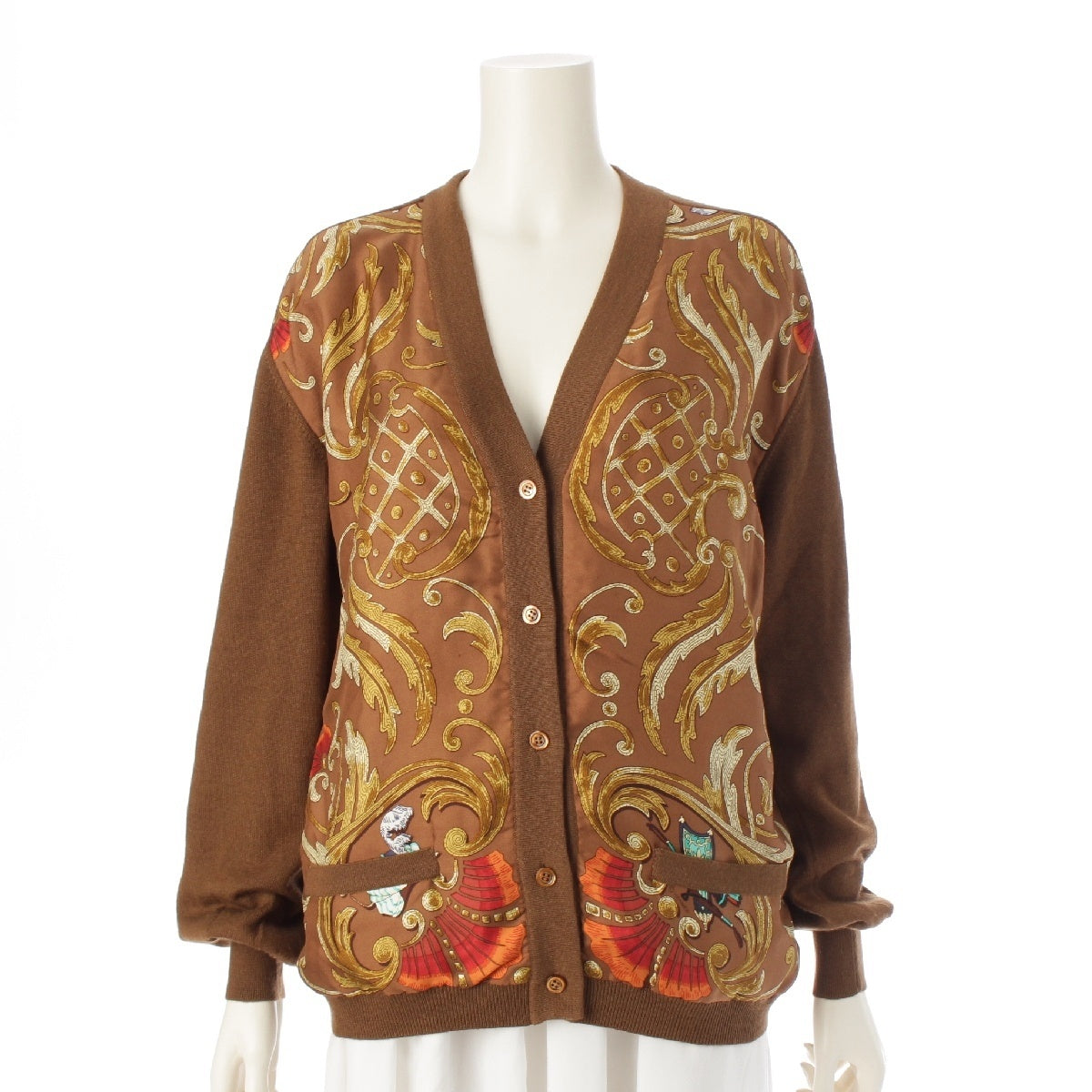 HERMES cashmere silk Vintage All-over Pattern cardigan Brown 42