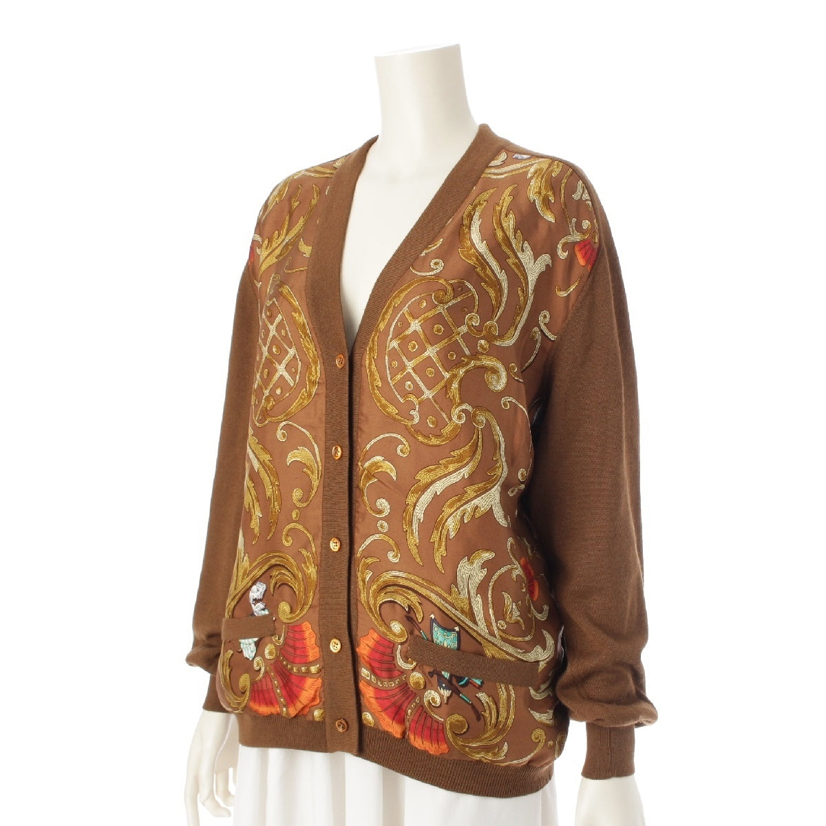 HERMES cashmere silk Vintage All-over Pattern cardigan Brown 42