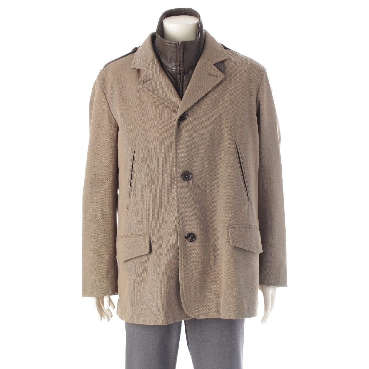 HERMES Cotton x wool Leather liner tailored jacket outer khaki 54