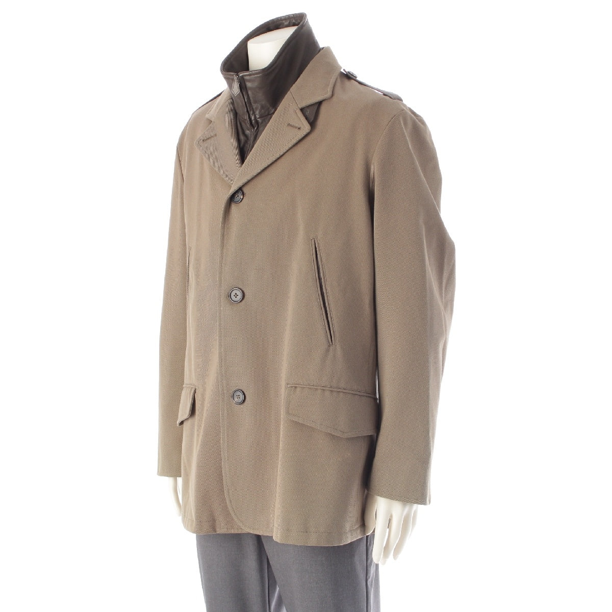 HERMES Cotton x wool Leather liner tailored jacket outer khaki 54