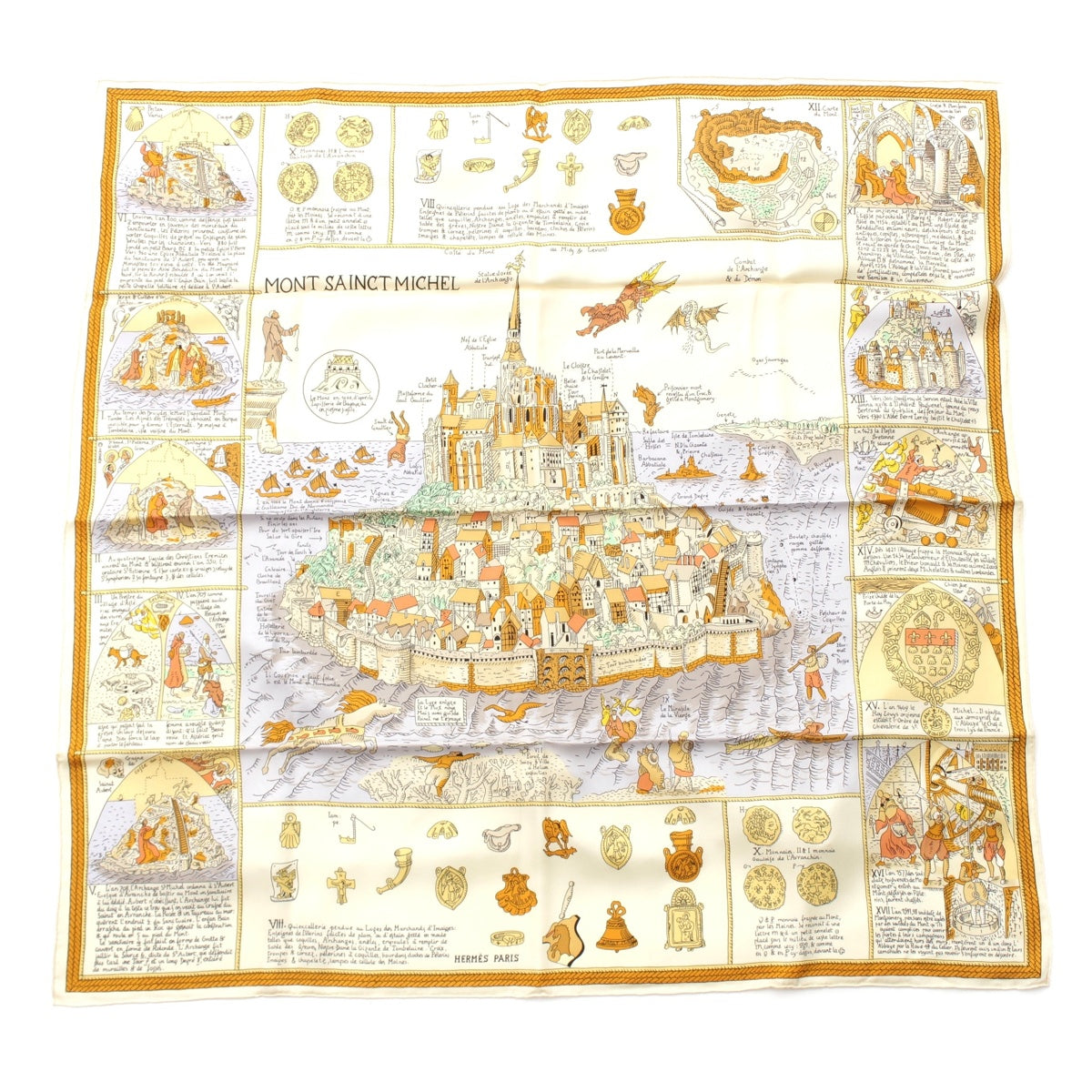 HERMES Carre 90 MONT SAINCT MICHEL silk scarf Beige cream