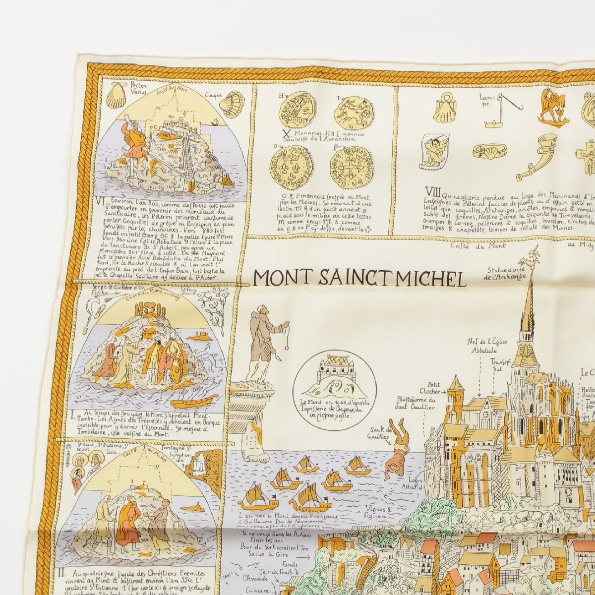 HERMES Carre 90 MONT SAINCT MICHEL silk scarf Beige cream