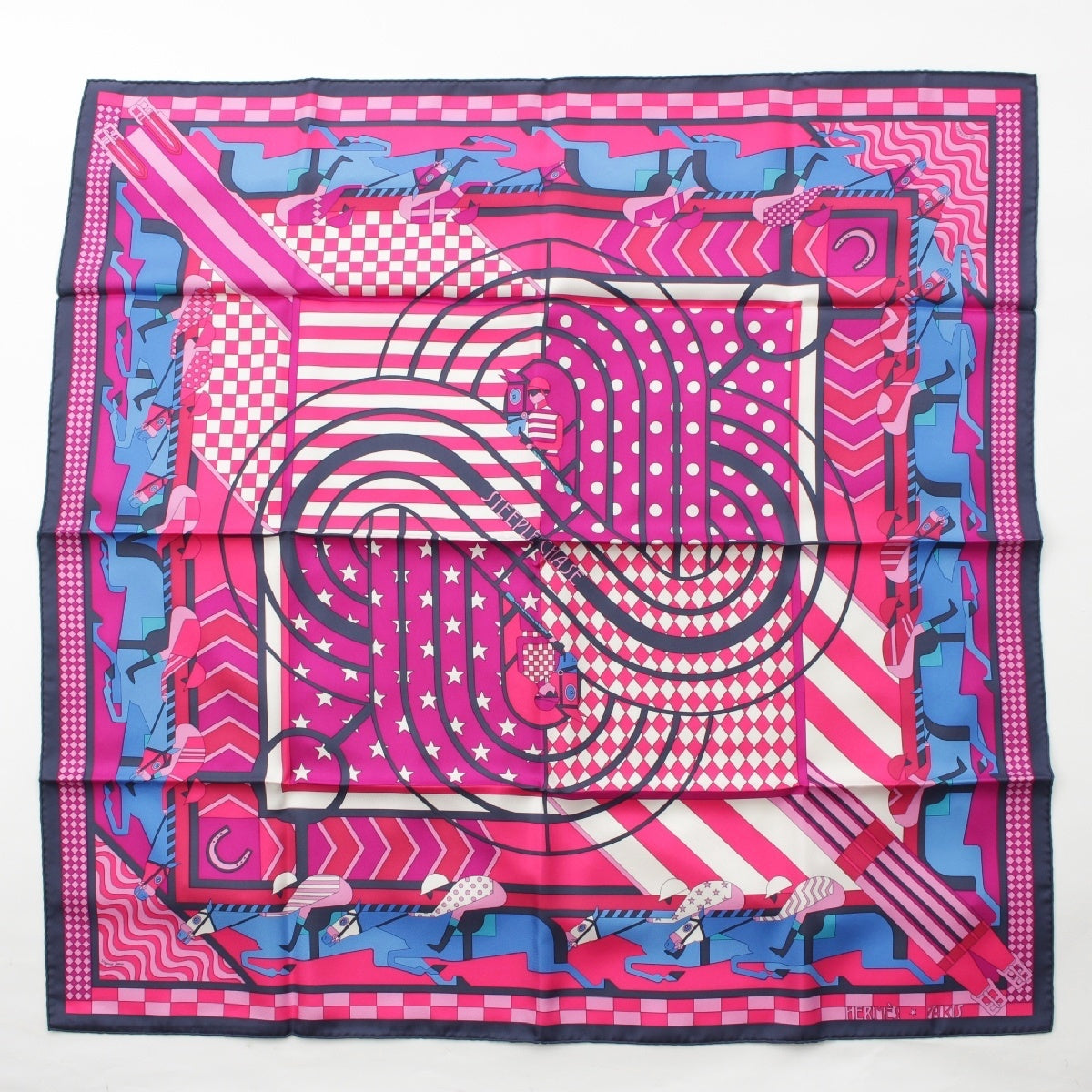 HERMES silk Carre 90 STEEPLE CHASE Steeple Chase scarf Pink x navy