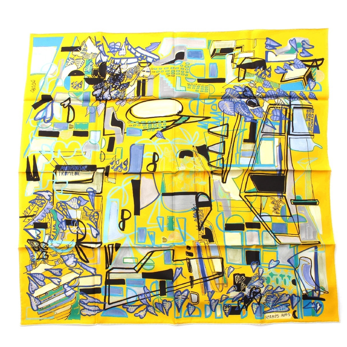HERMES silk Carre 90 Modernisme tropical scarf Yellow multicolor