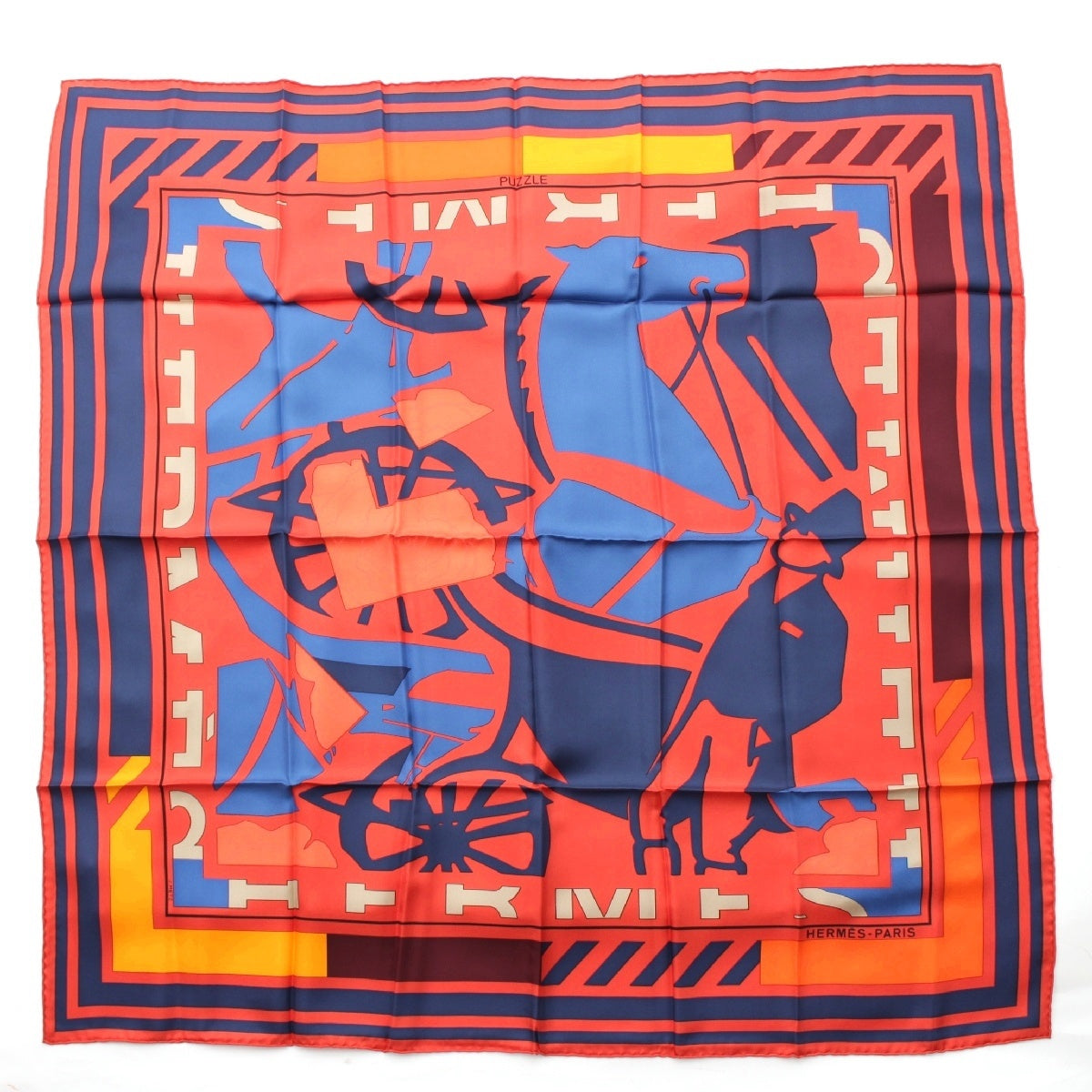 HERMES Calle 90 silk PUZZLE puzzle scarf Horse horse motif Red x navy