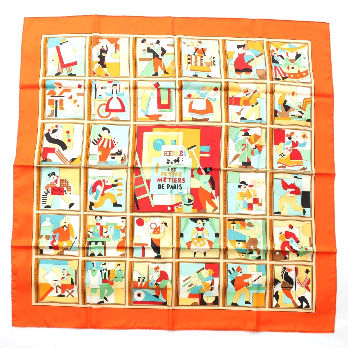 HERMES Calle 90 silk LES PETITS METIERS DE PARIS Parisian craftsmen scarf Painting Orange multicolor
