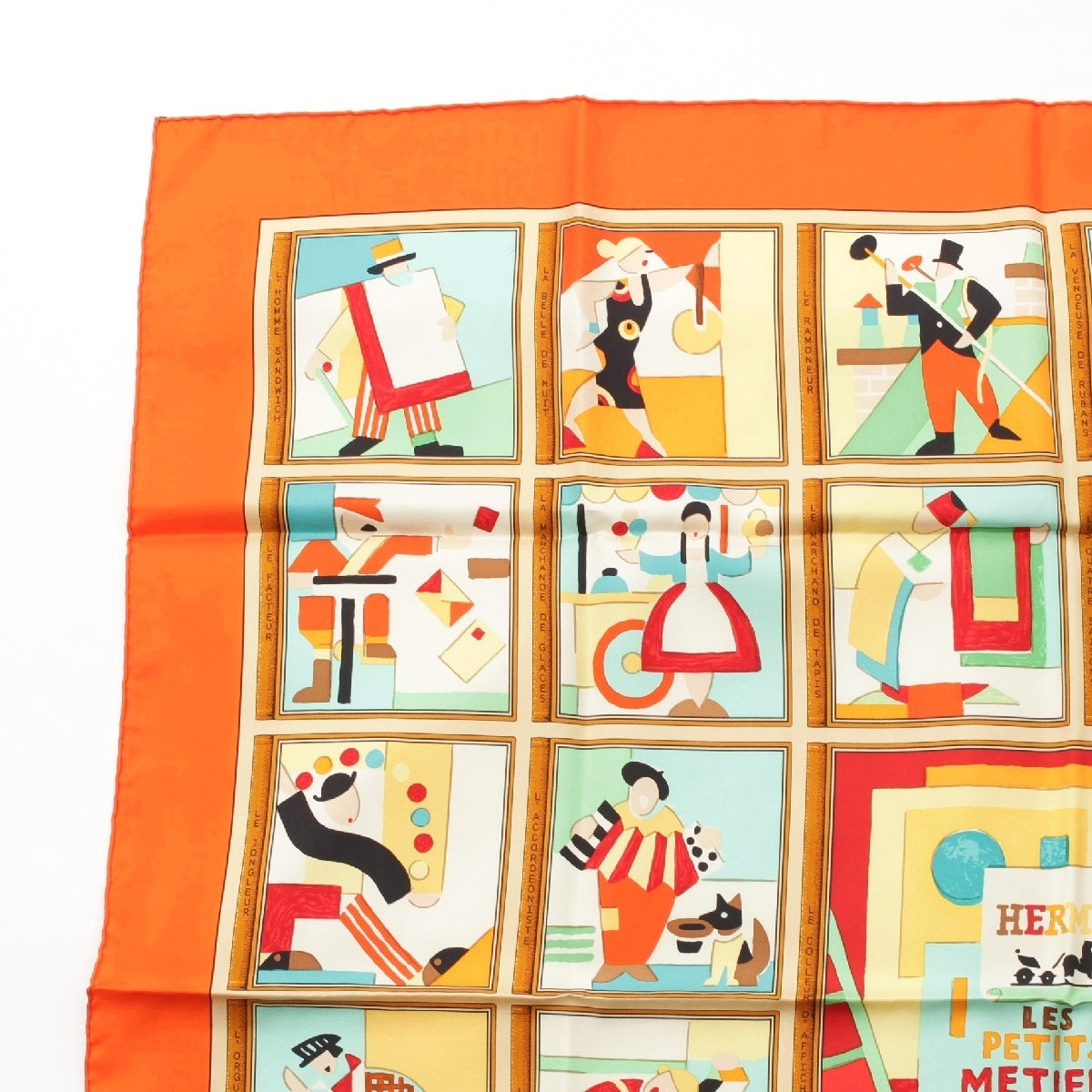 HERMES Calle 90 silk LES PETITS METIERS DE PARIS Parisian craftsmen scarf Painting Orange multicolor