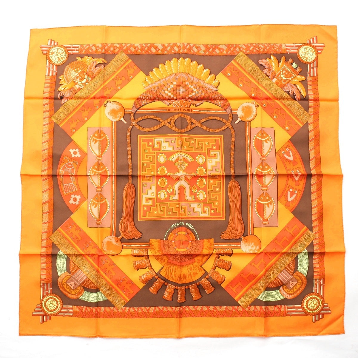 HERMES silk Calle 90 HUACA PIRU Sacred Peru scarf Orange