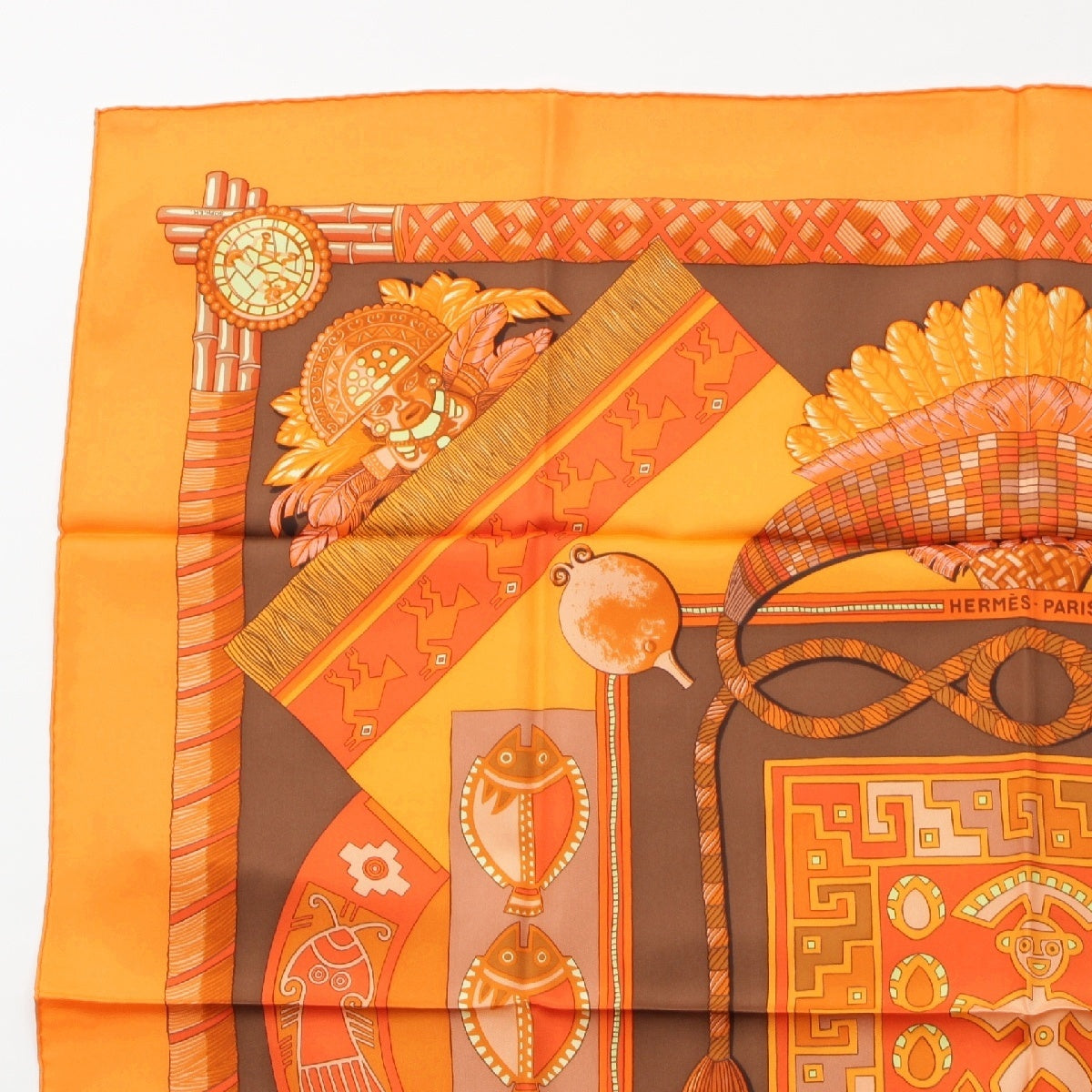 HERMES silk Calle 90 HUACA PIRU Sacred Peru scarf Orange