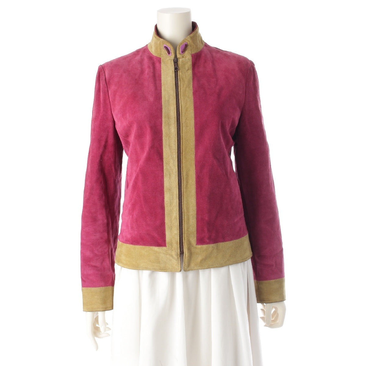 MIUMIU Suede Leather Switching ARCHIVE Archive Zip-up Blouson outer Pink x Beige 42