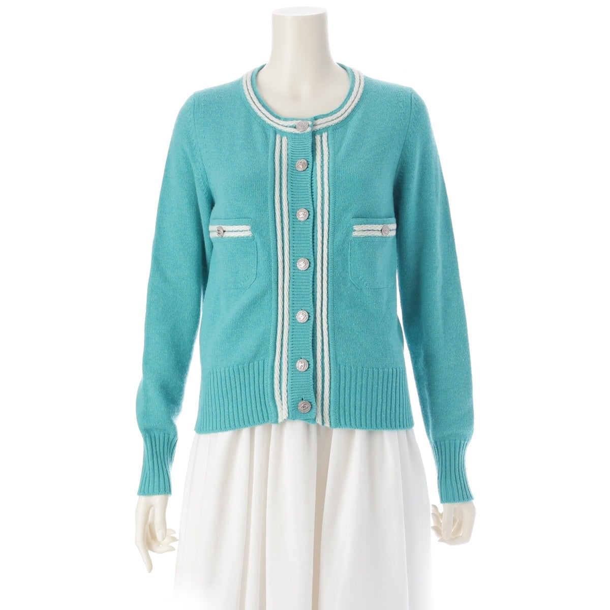 CHANEL cashmere COCO Button COCO Mark knit Jacket P43007 Light blue white 36