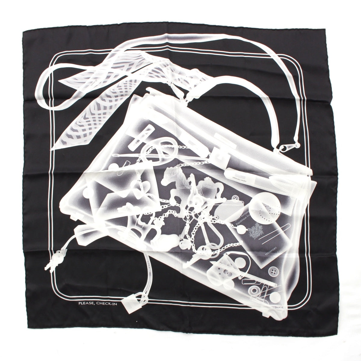 HERMES silk CALÉ70 PLEASE CHECK IN scarf black