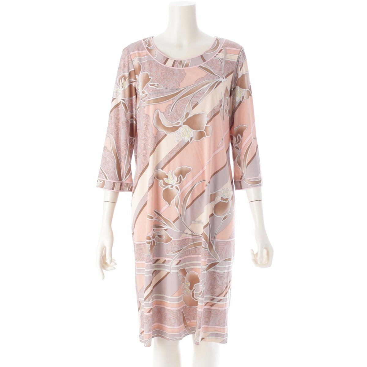 LEONARD Cancan material Floral Geometric Trimmed Long Sleeves one piece pink beige 42