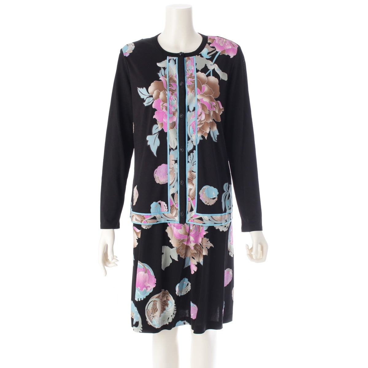 LEONARD Cancan material Front tuck knit cardigan dress ensemble Floral Logo Long Sleeve 0189218 0180224  Black x blue 40