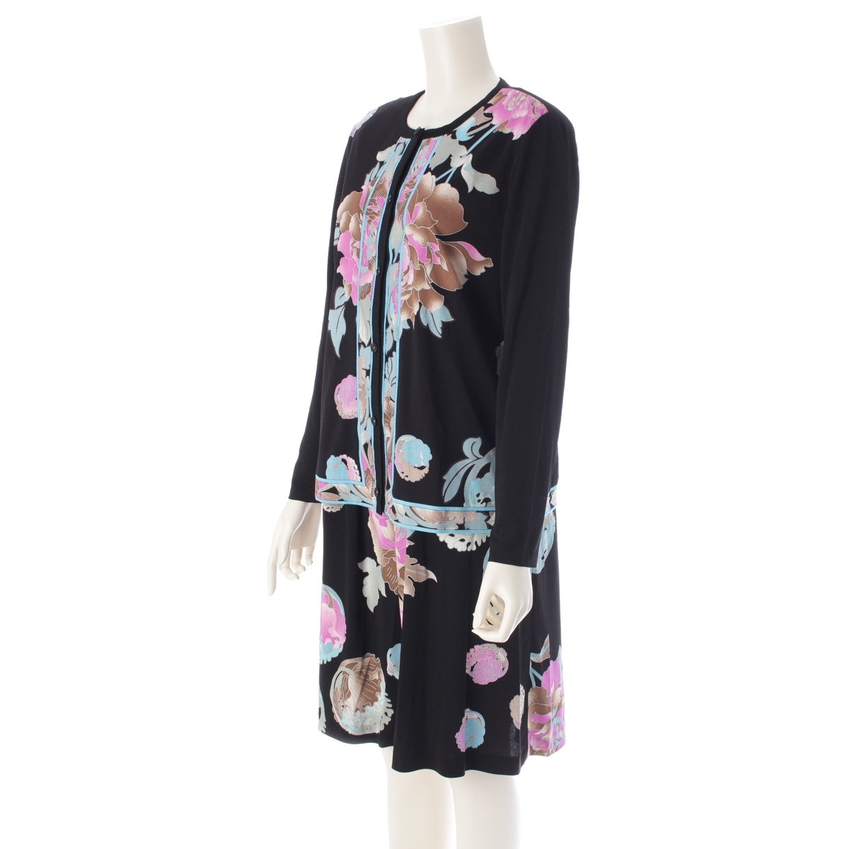 LEONARD Cancan material Front tuck knit cardigan dress ensemble Floral Logo Long Sleeve 0189218 0180224  Black x blue 40