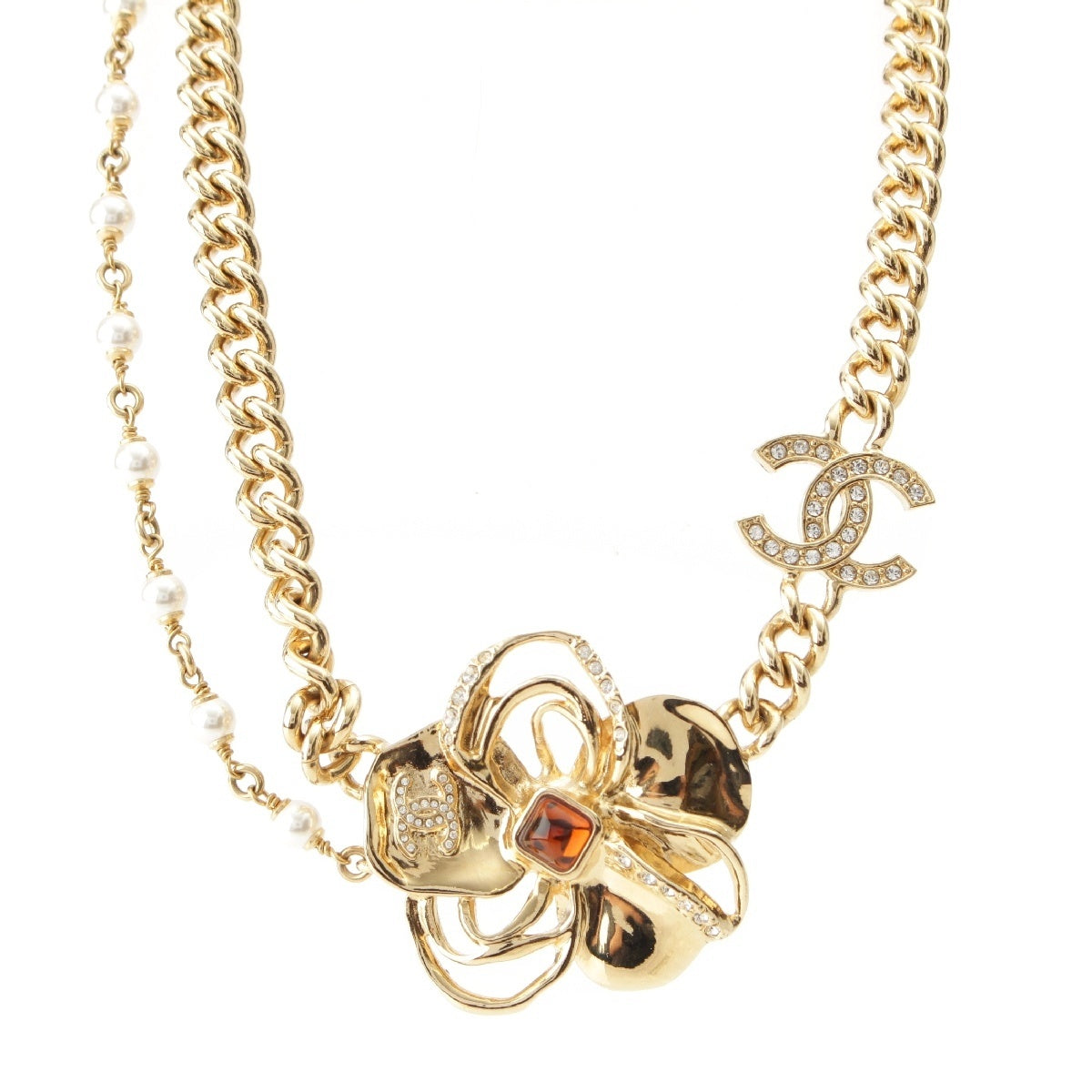 CHANEL Gold Plated Camellia COCO Mark Stone Necklace Chain flower accessories gold