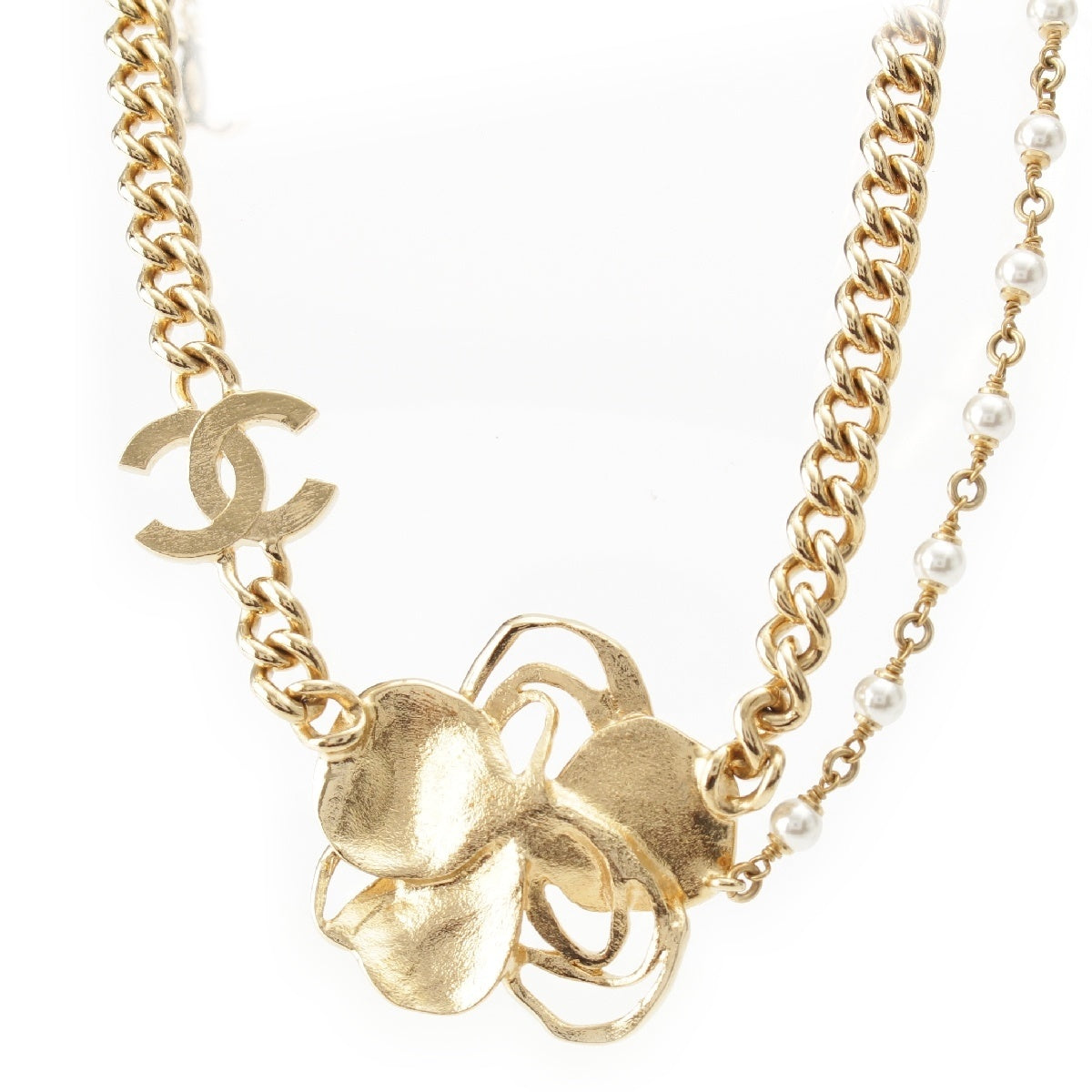 CHANEL Gold Plated Camellia COCO Mark Stone Necklace Chain flower accessories gold
