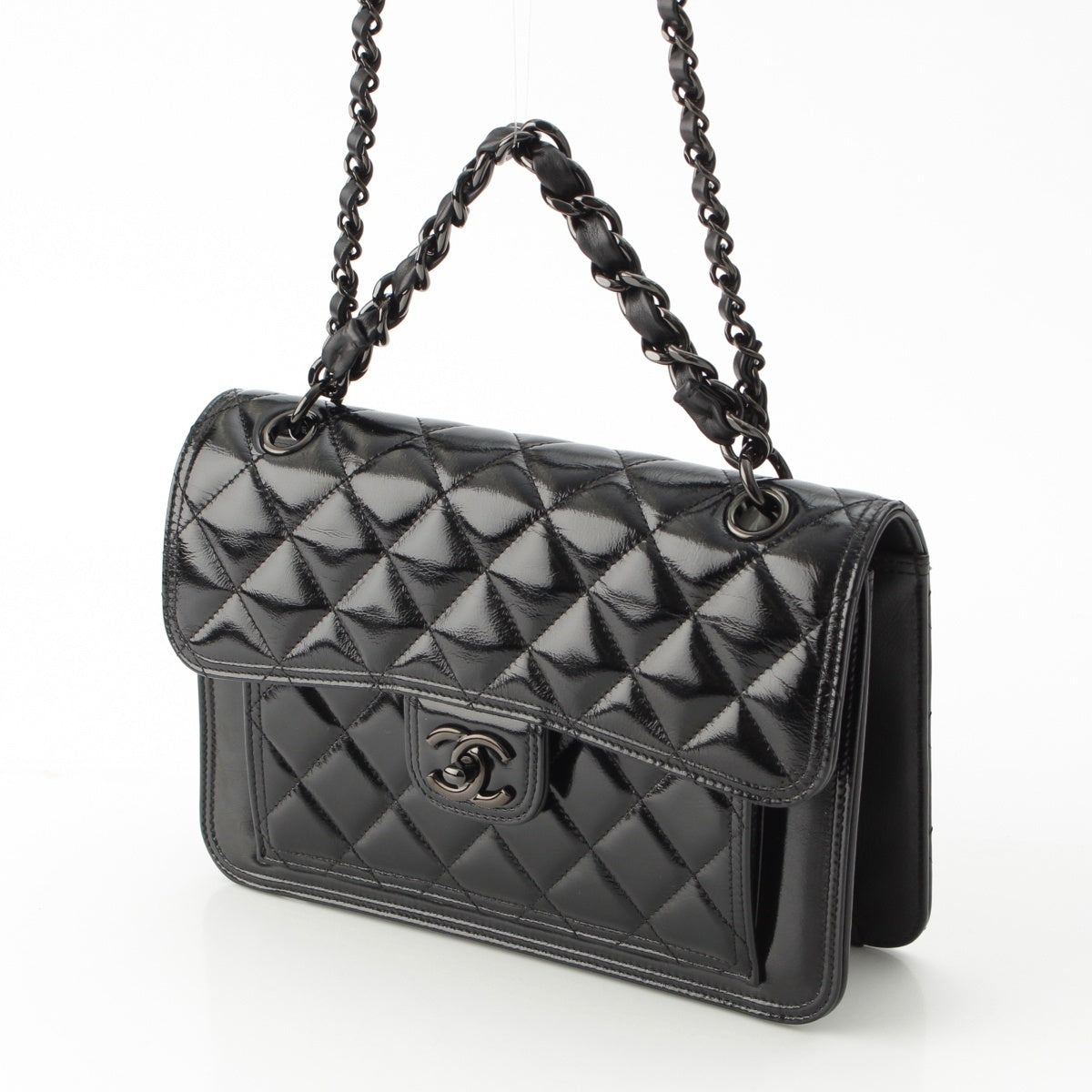 CHANEL Matrasse shiny calf leather COCO Mark WChain Shoulder Bag 2WAY So Black