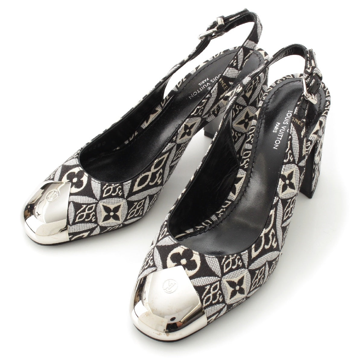 LOUIS VUITTON Louise Line Canvas x leather Monogram Slingback Strap pumps MA0280 Black x white 35