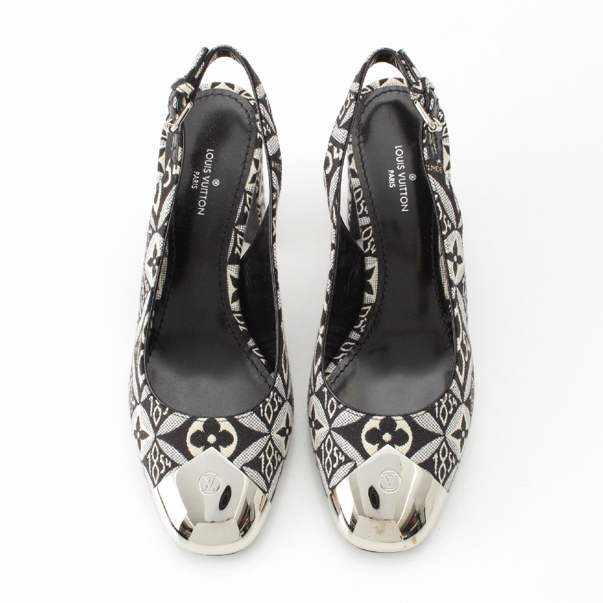 LOUIS VUITTON Louise Line Canvas x leather Monogram Slingback Strap pumps MA0280 Black x white 35