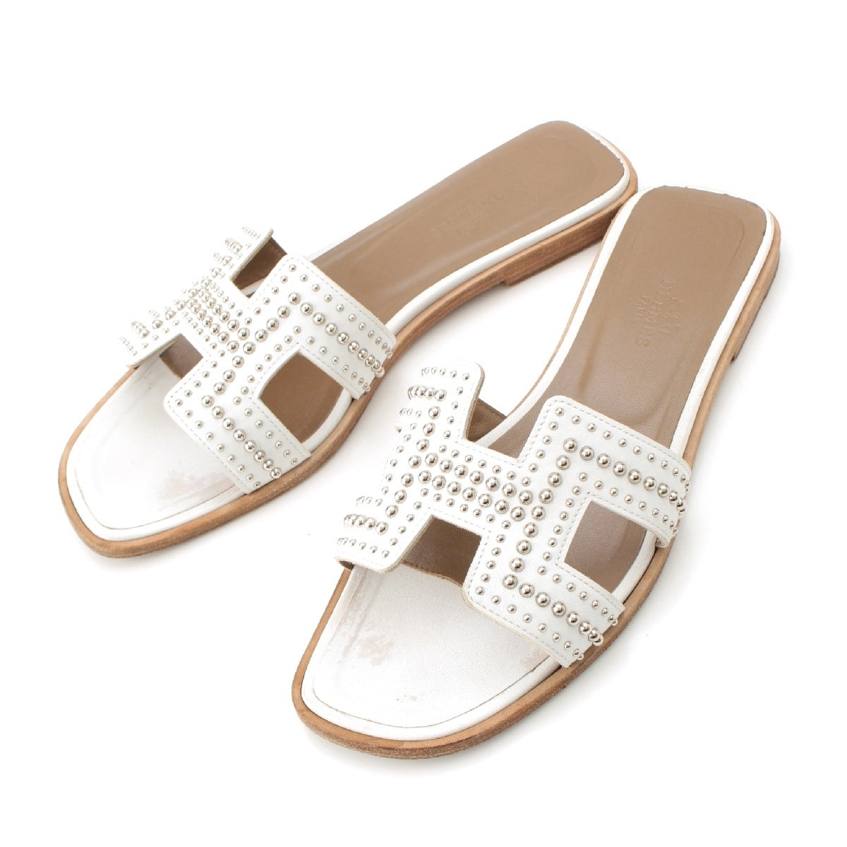 HERMES Oran leather H motif studded flats Sandals white 37