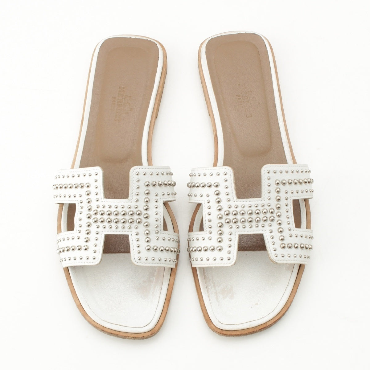 HERMES Oran leather H motif studded flats Sandals white 37