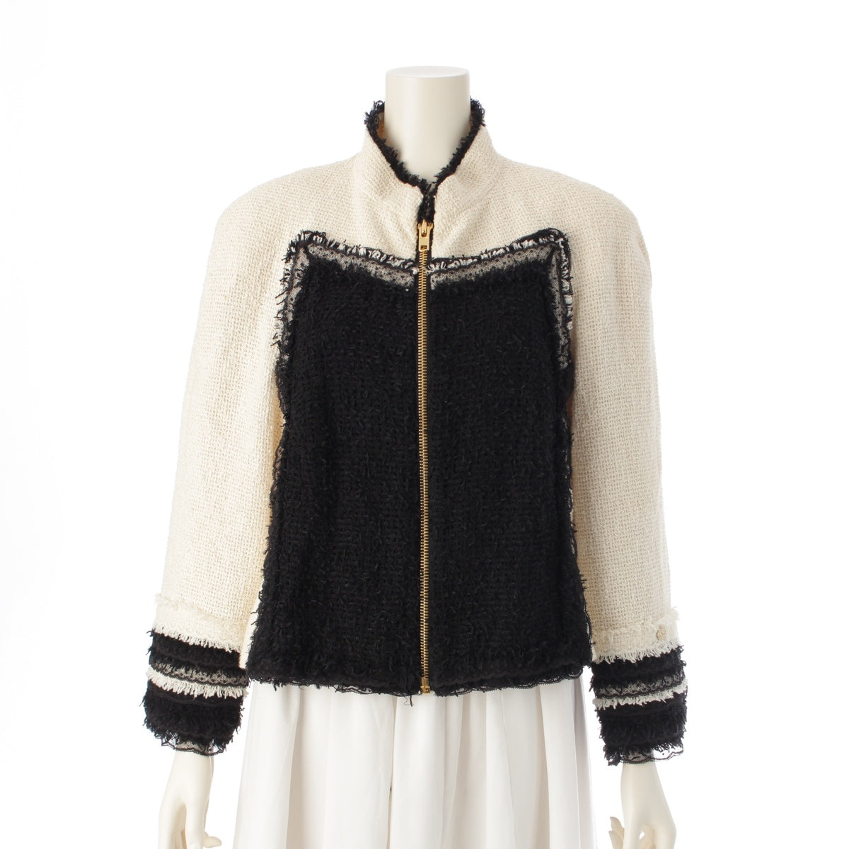 CHANEL COCO Mark Tweed Zip-up Jacket Lace Camellia  P38178W04478 White x black 46