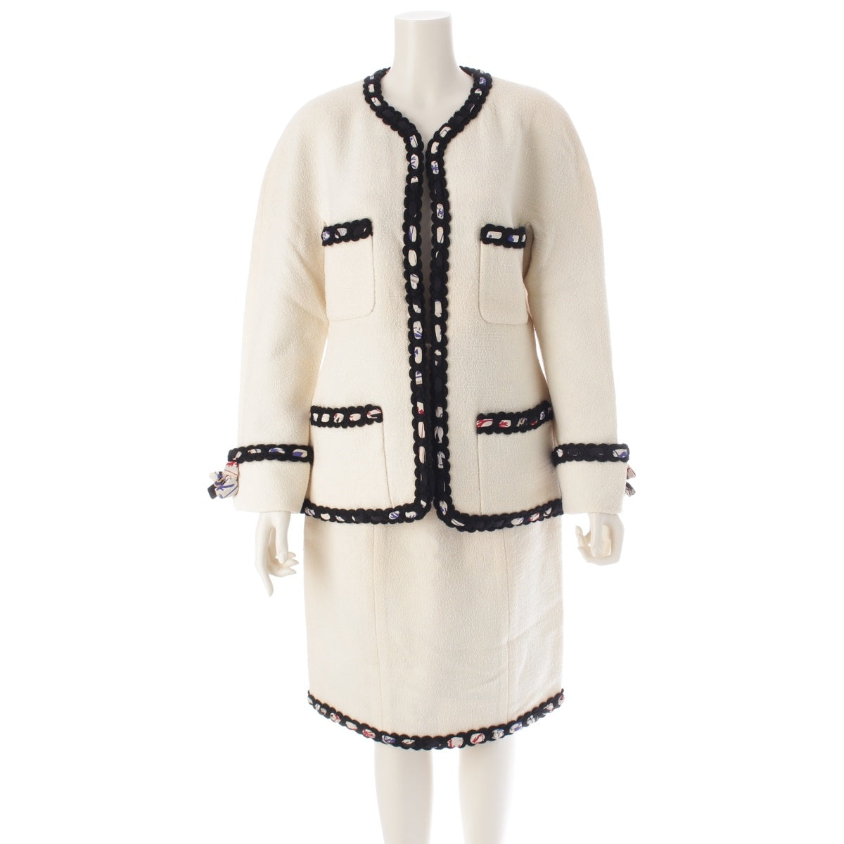 CHANEL wool Skirt setup Playing card pattern lining with braid trim white 40