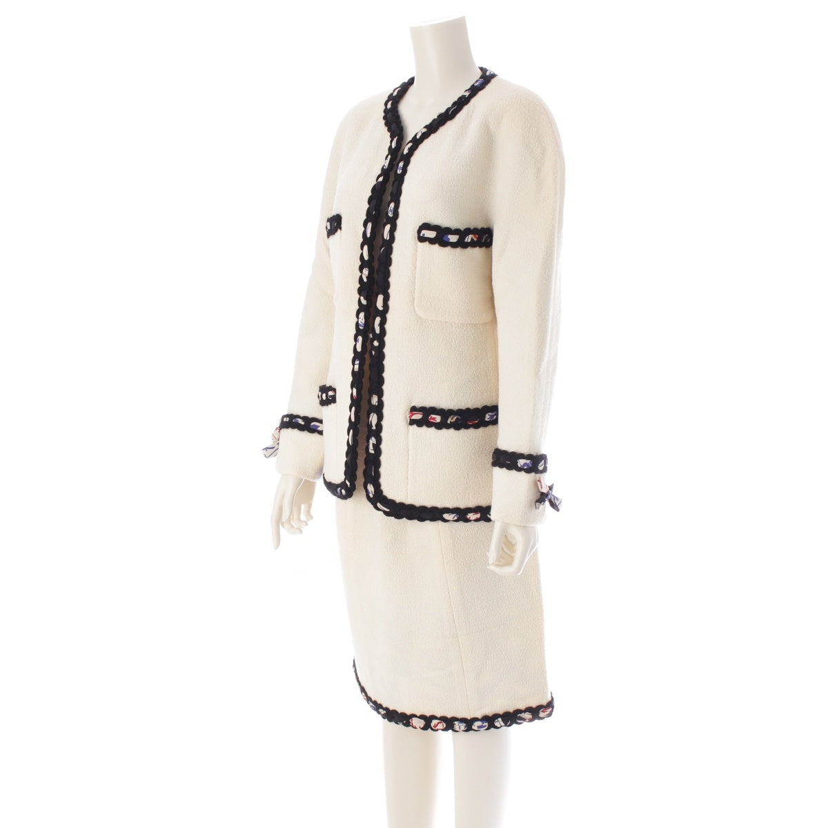 CHANEL wool Skirt setup Playing card pattern lining with braid trim white 40