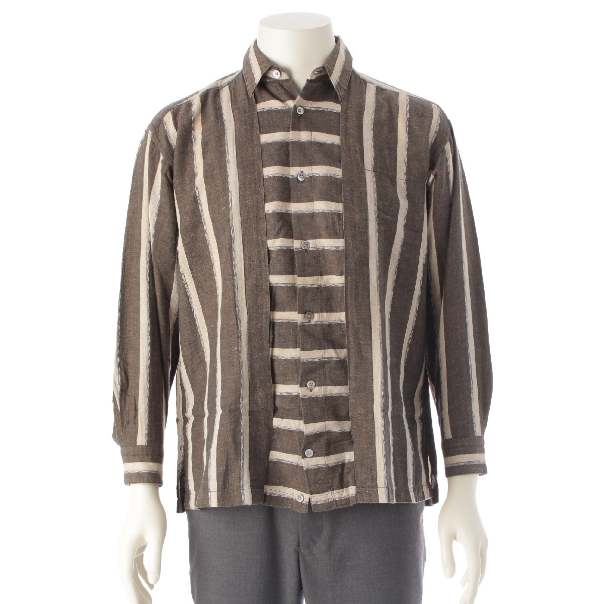 ISSEY MIYAKE im Cotton linen Deformed Stripes Long sleeve shirt tops Brown beige S