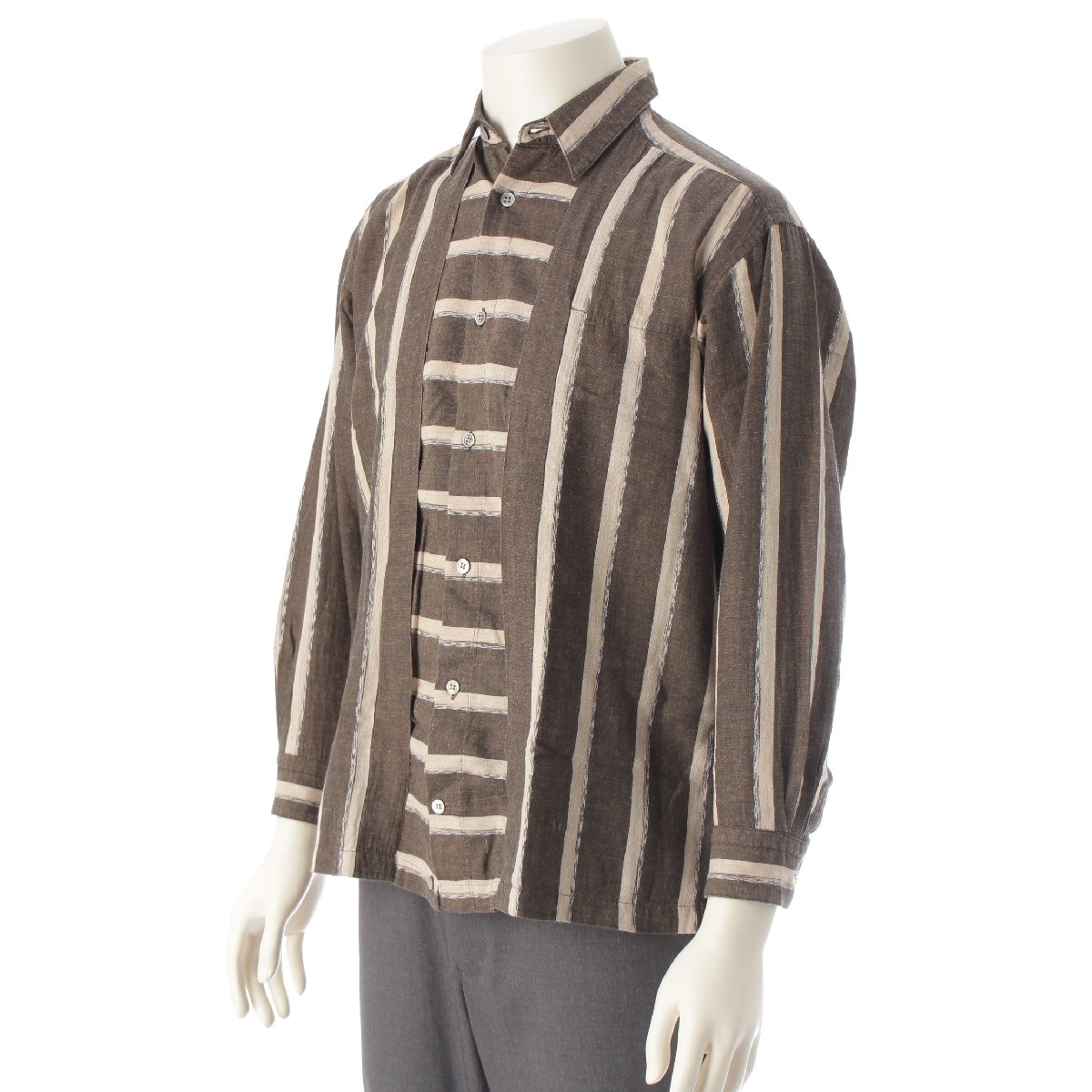 ISSEY MIYAKE im Cotton linen Deformed Stripes Long sleeve shirt tops Brown beige S