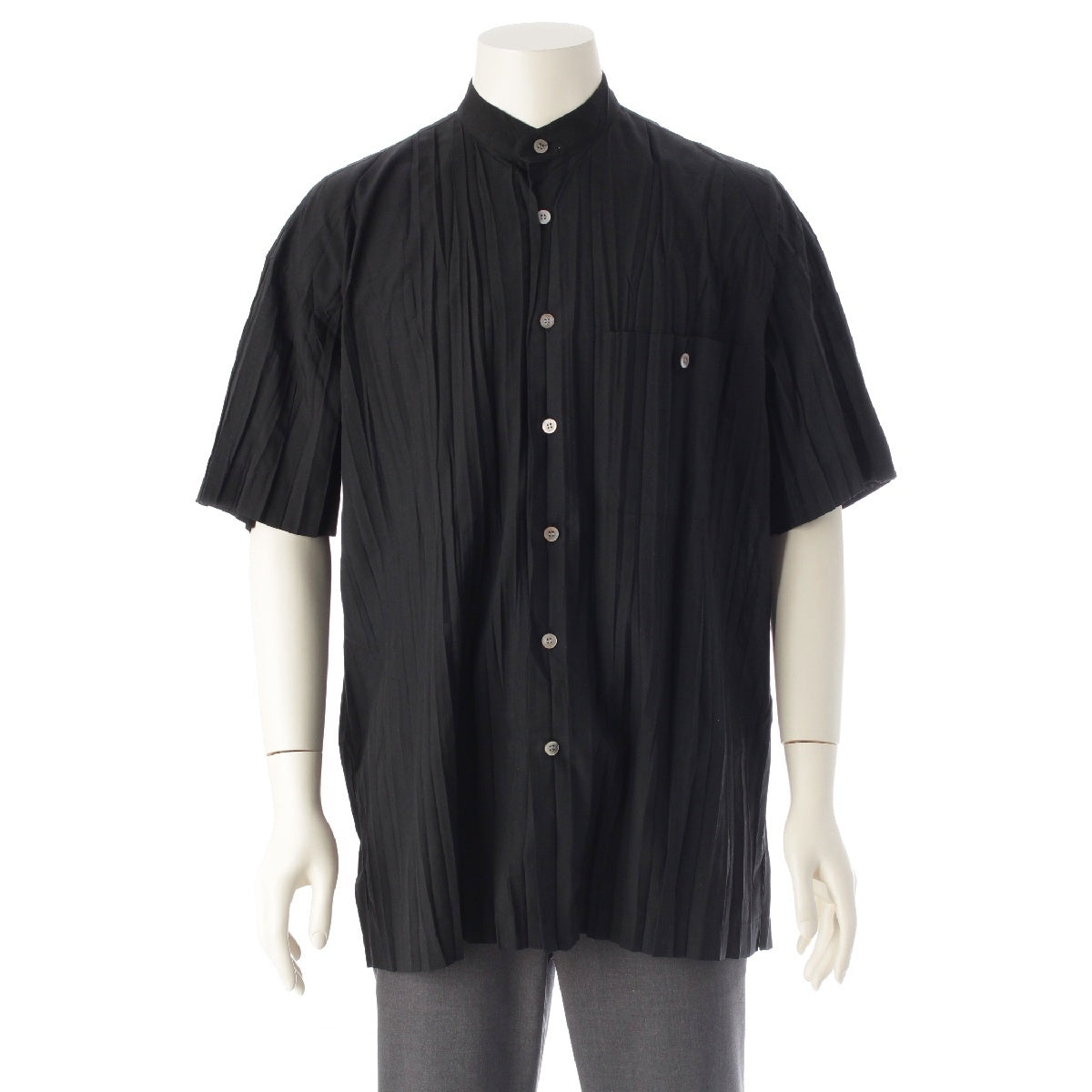 ISSEY MIYAKE MEN Pleated Stand collar Short sleeves Short sleeve shirt tops ME73-FJ331 black L