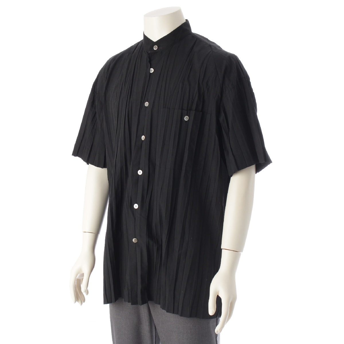 ISSEY MIYAKE MEN Pleated Stand collar Short sleeves Short sleeve shirt tops ME73-FJ331 black L