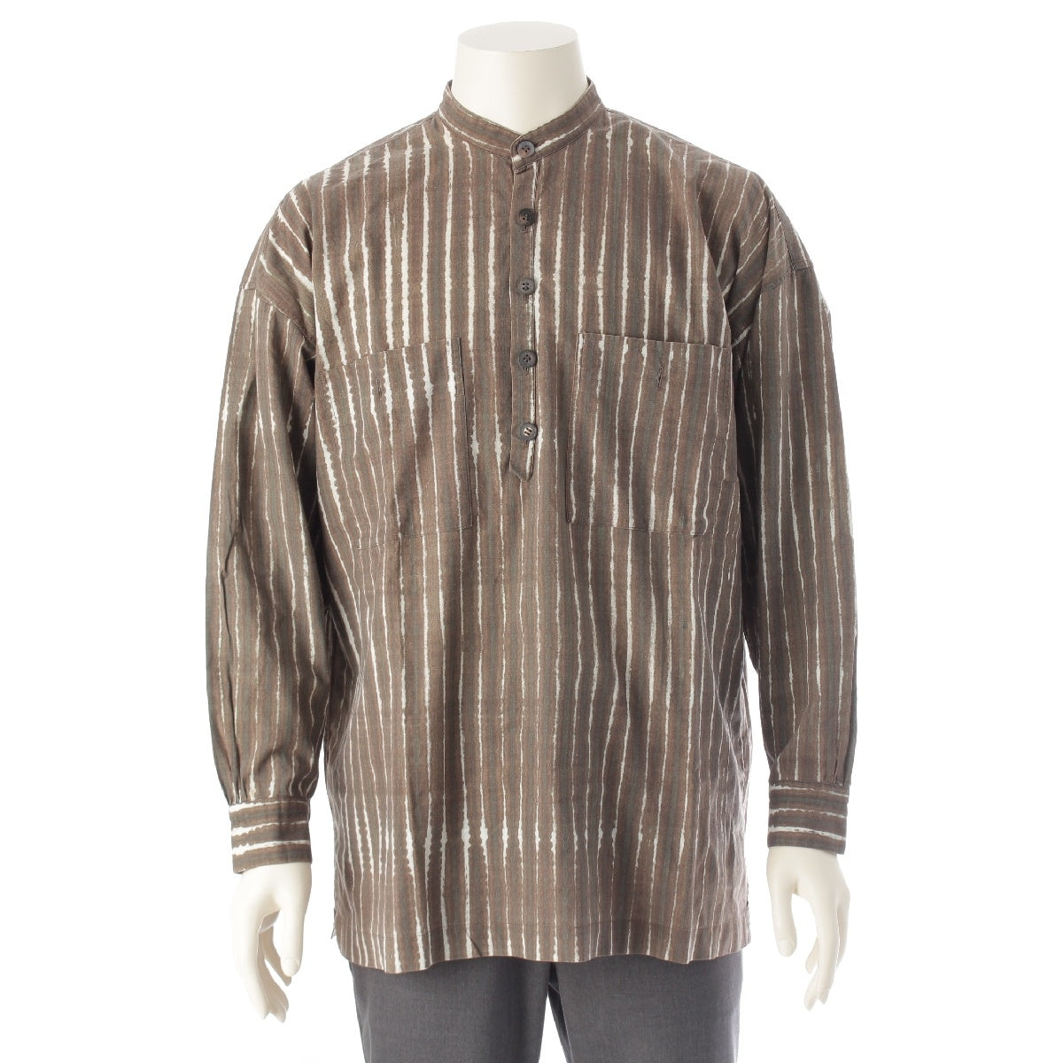 ISSEY MIYAKE MEN cotton Half button striped stand collar Long sleeve shirt tops Brown M