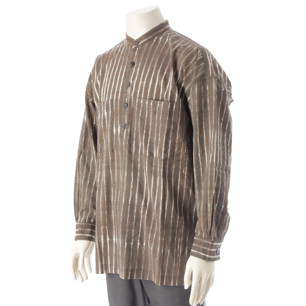 ISSEY MIYAKE MEN cotton Half button striped stand collar Long sleeve shirt tops Brown M