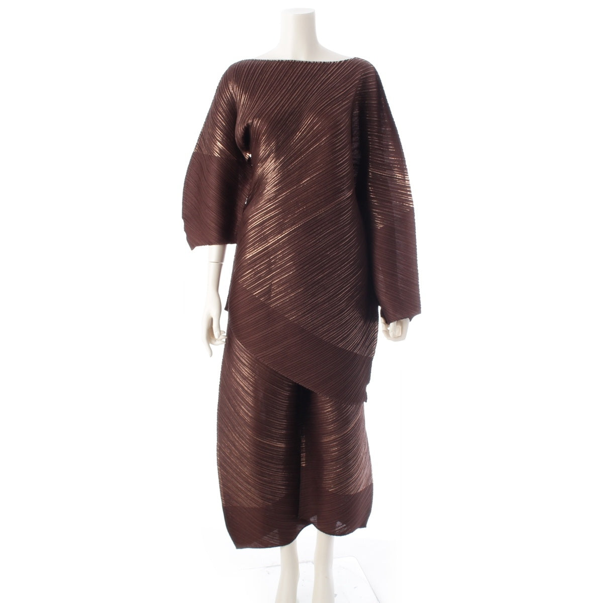 PLEATS PLEASE ISSEY  Diagonally pleated asymmetrical Pants setup tops PP93-JF961 Metallic brown 4