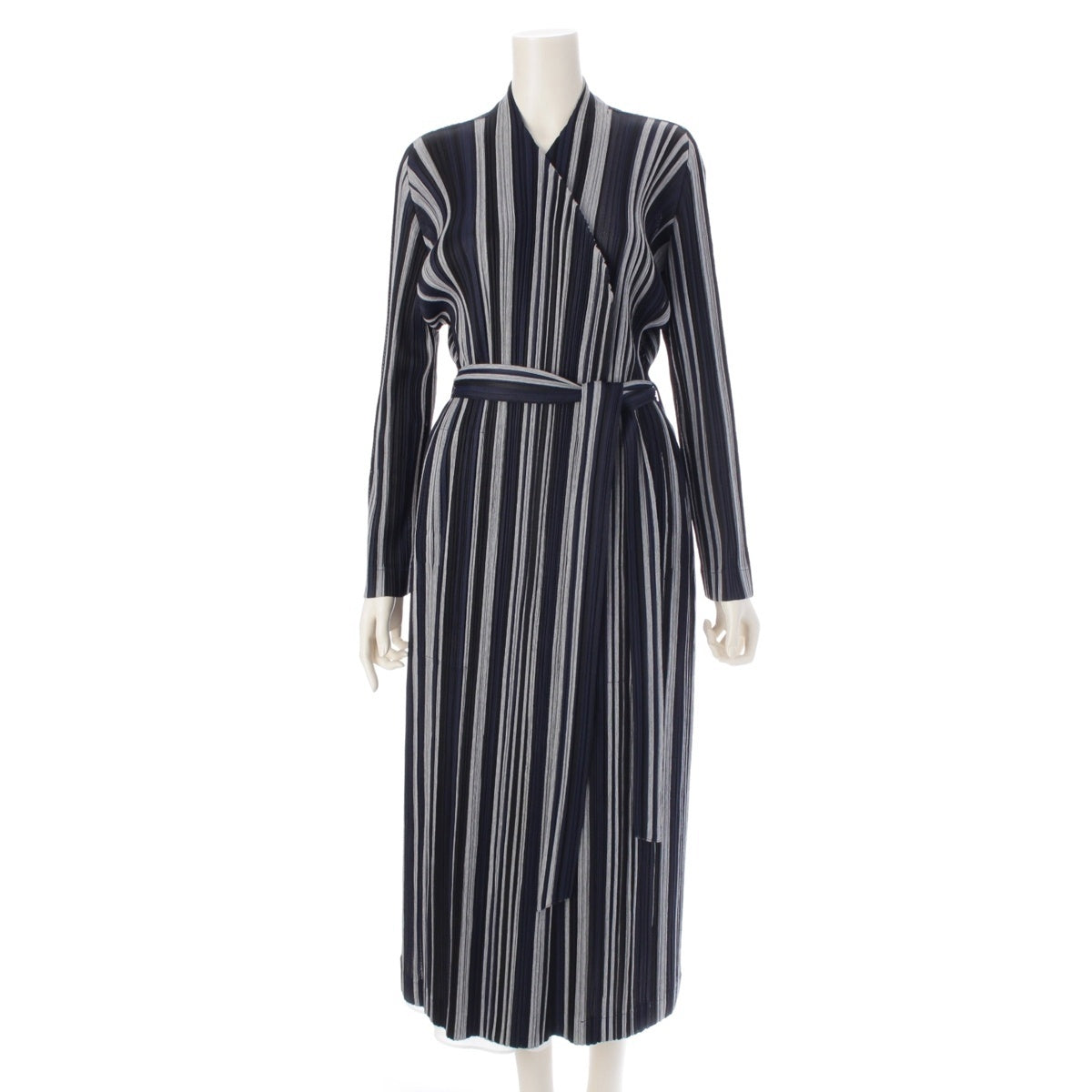 PLEATS PLEASE ISSEY  Striped long Jacket coat PP81-JA523 Navy gray black 4