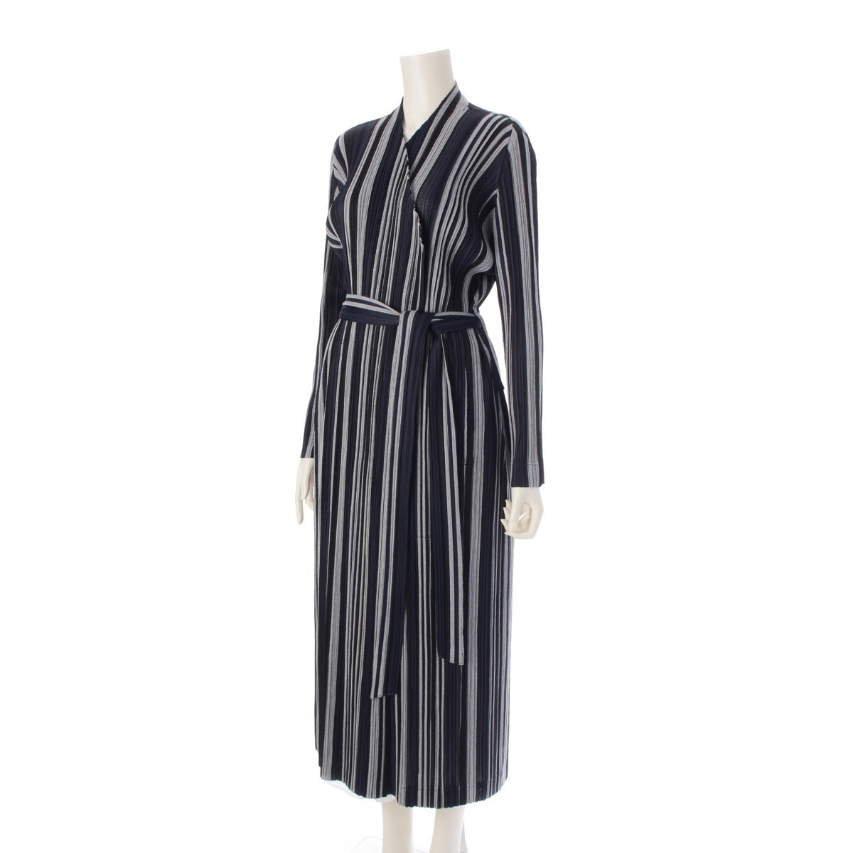 PLEATS PLEASE ISSEY  Striped long Jacket coat PP81-JA523 Navy gray black 4