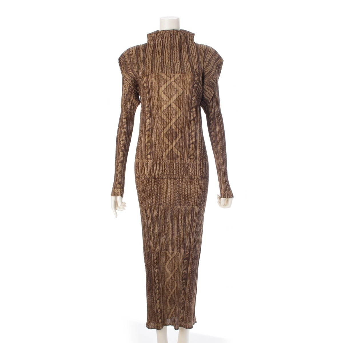 PLEATS PLEASE ISSEY  Cable knit transfer print one piece long PP64-JH432 Brown beige 5