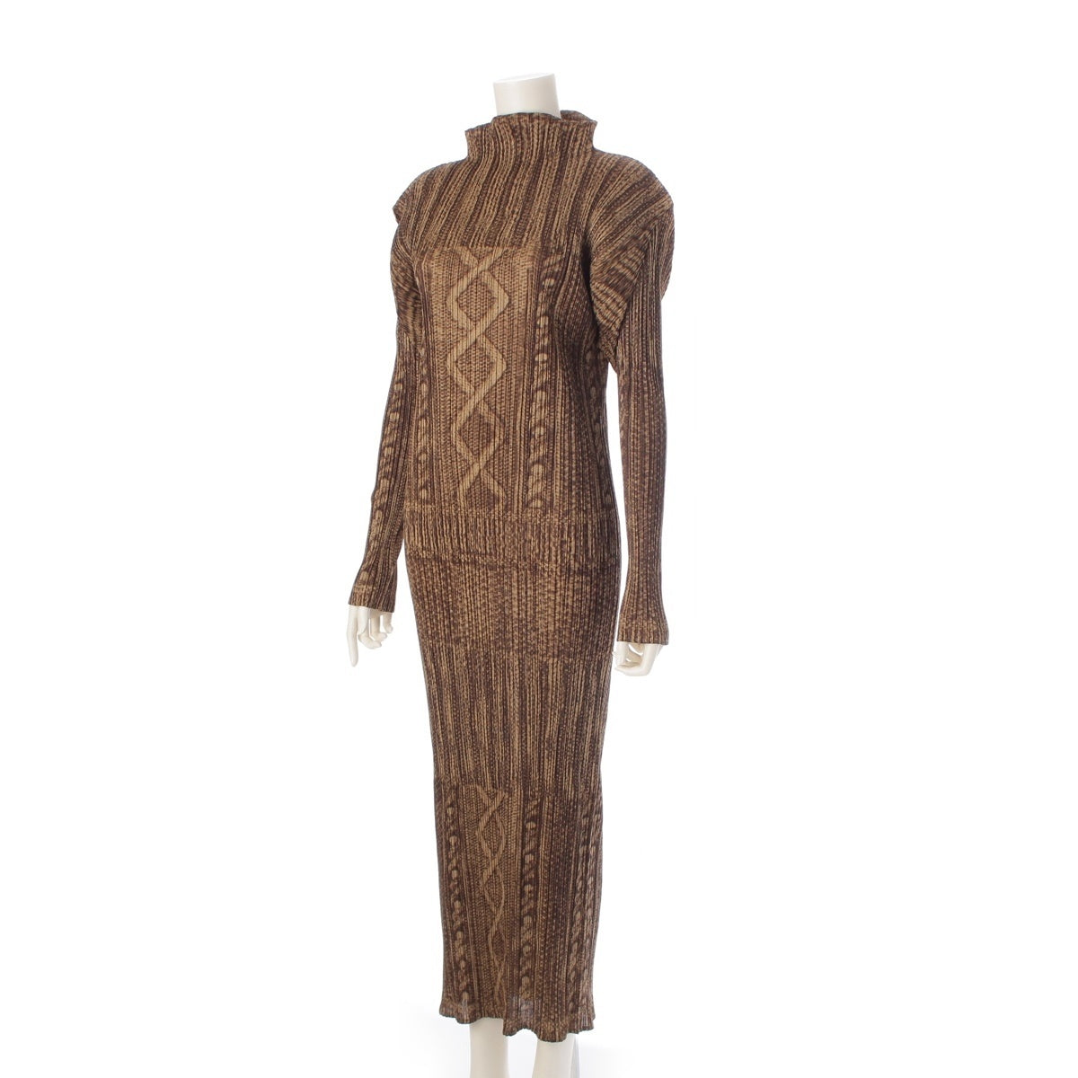 PLEATS PLEASE ISSEY  Cable knit transfer print one piece long PP64-JH432 Brown beige 5