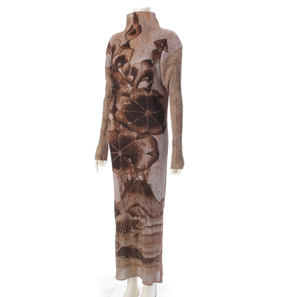 PLEATS PLEASE ISSEY  Folk Painting Flower Carp Print one piece PP84-JH432 Brown 4