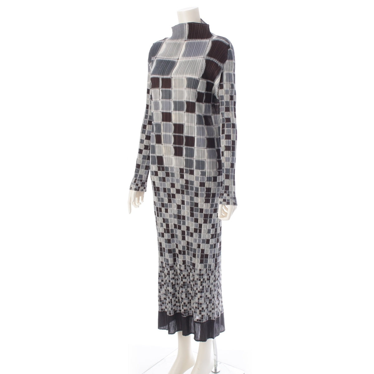 PLEATS PLEASE ISSEY  Block Mosaic Pattern High Neck Long one piece PP41-JH665 Gray multicolor 5