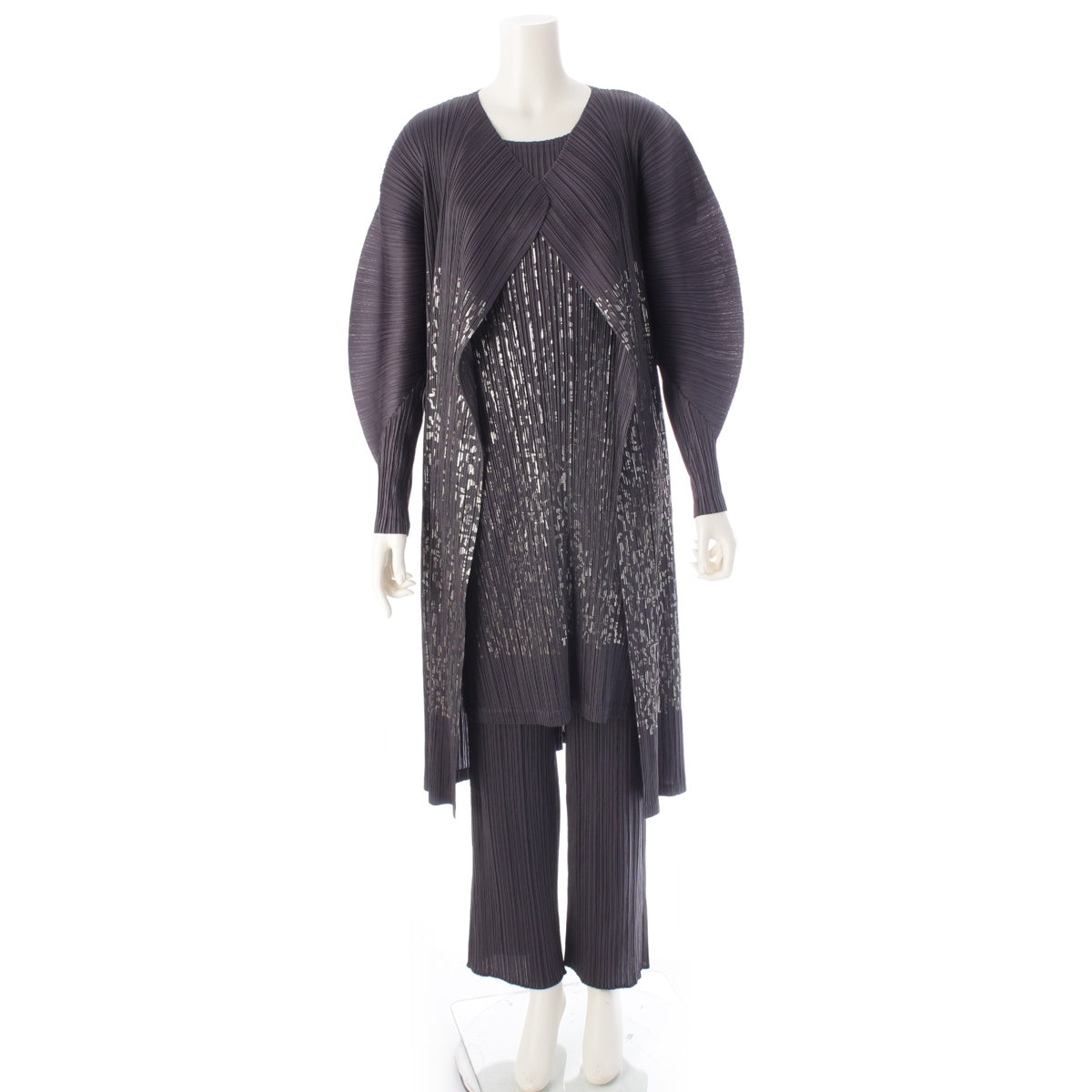 PLEATS PLEASE Metallic Print Long 3 piece Cardigan Tops Set PP53-JA651/PP53-JT654 /PP53-JF183 gray 3/4