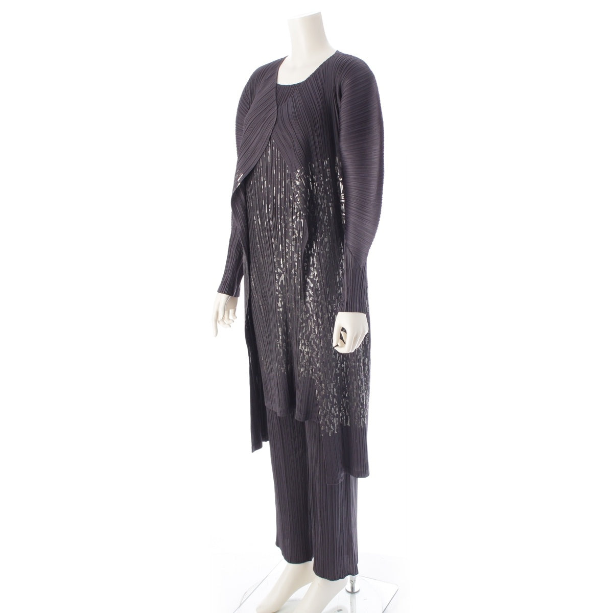 PLEATS PLEASE Metallic Print Long 3 piece Cardigan Tops Set PP53-JA651/PP53-JT654 /PP53-JF183 gray 3/4