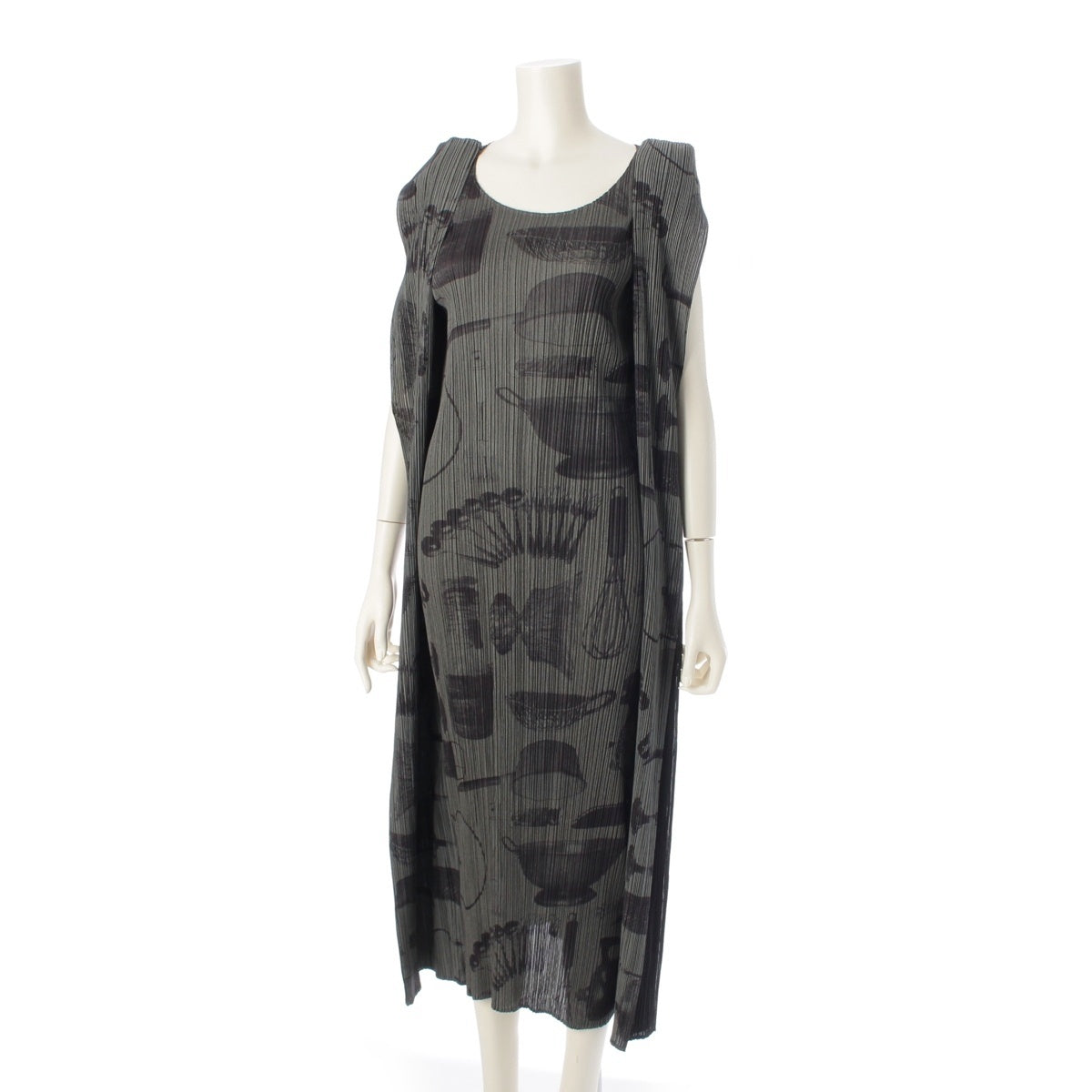 PLEATS PLEASE ISSEY Kitchen print front button layered sleeveless top one piece PP53-JH588 Black Grey 5