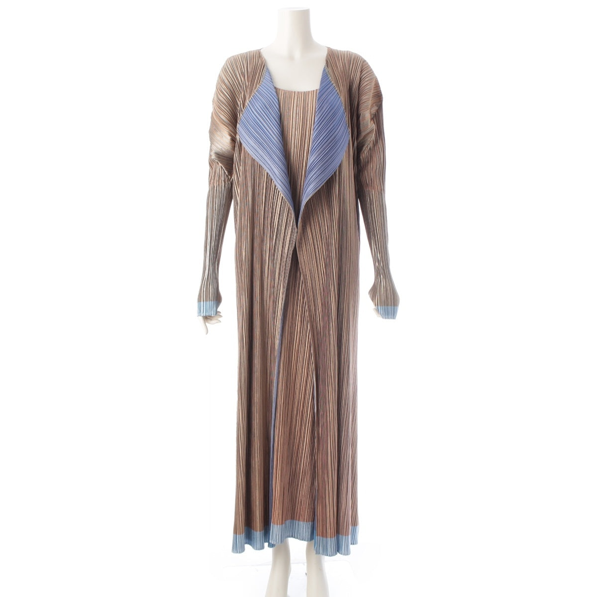 PLEATS PLEASE ISSEY  long one piece setup cardigan PP12-JA114/PP12-JH111 Two-tone Beige Blue 3